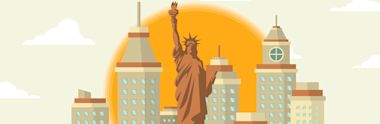 An illustration of USA's skyline and the statue of liberty.