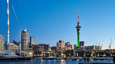 A photograph of the skyline of Auckland, New Zealand with the Sky Tower in view.